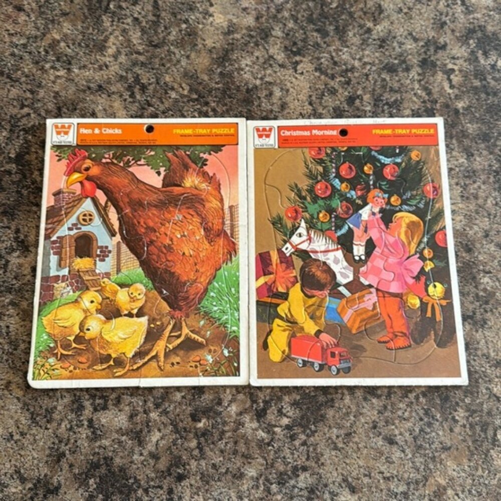 Vintage 1977 Whitman Frame Tray Kids Puzzles Hen & Chicks Christmas Morning